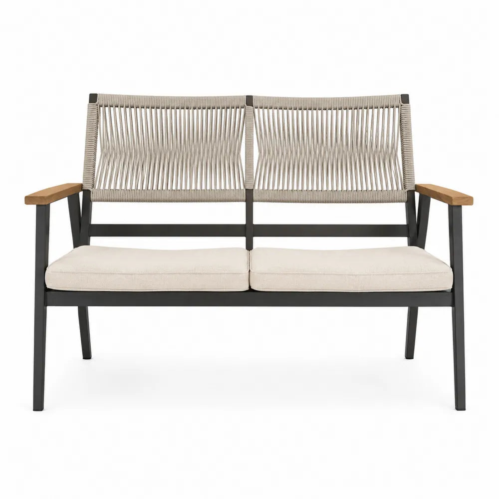 Dwuosobowa sofa ogrodowa z aluminium, drewna tekowego i sznurka z beżowymi poduszkami