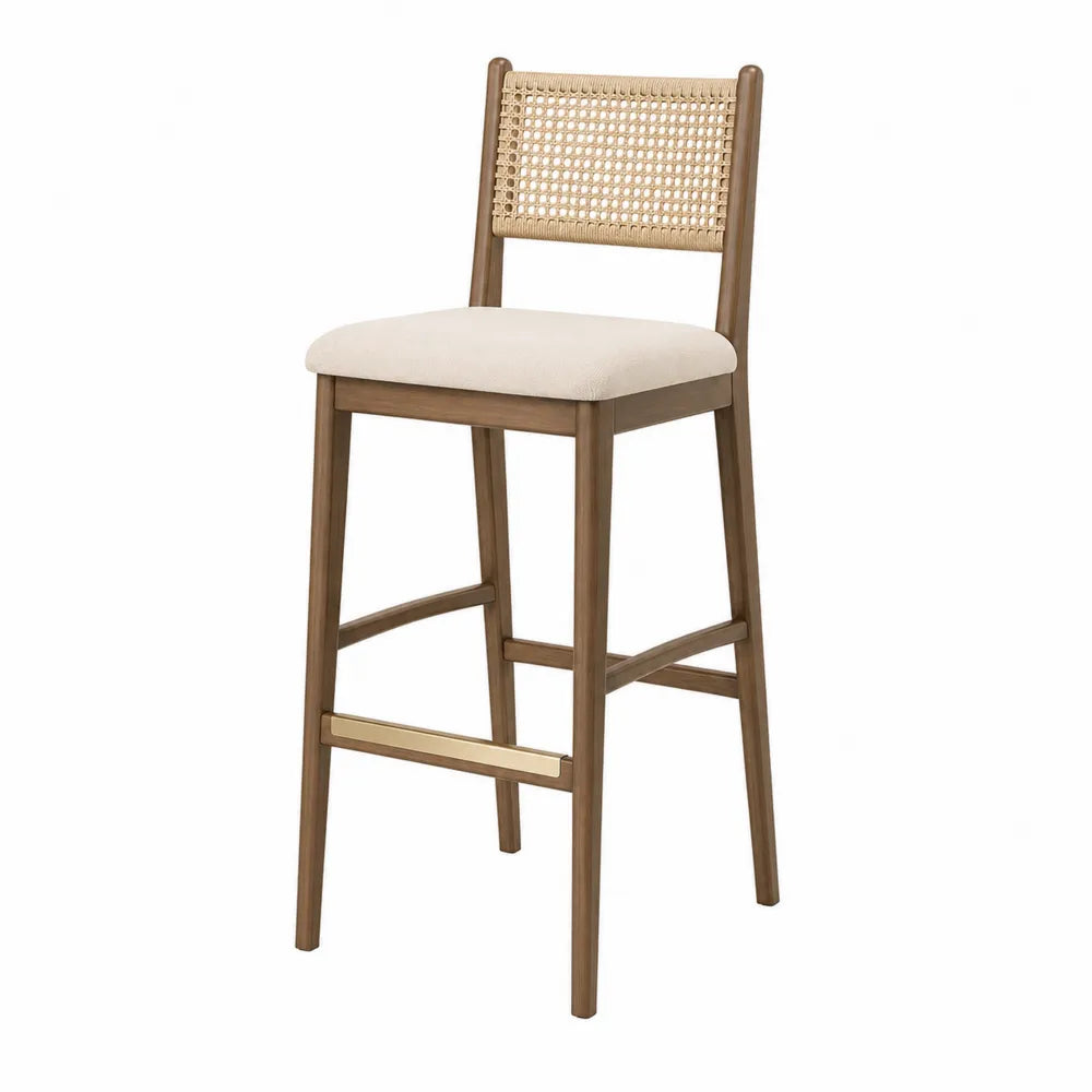 Hoker drewniany z rattanowym oparciem i beżowym siedziskiem z tkaniny 110 cm