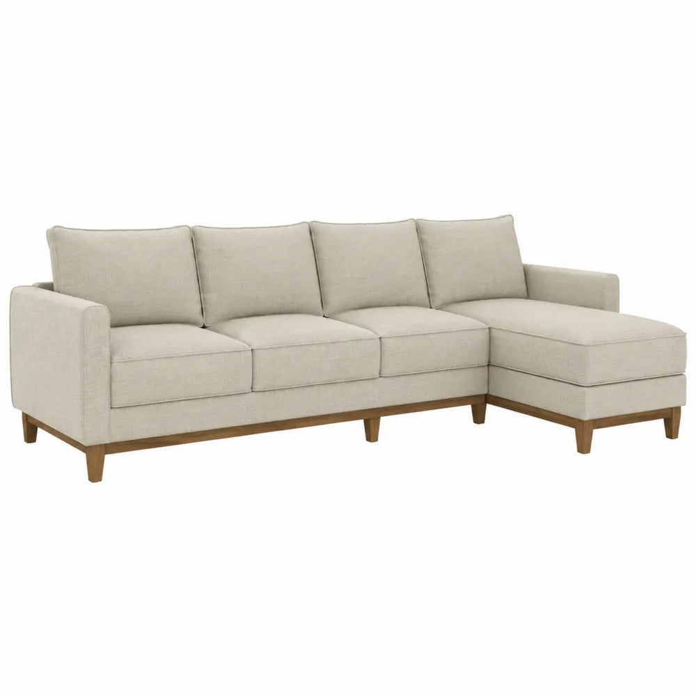 Narożna sofa modułowa z tkaniny lnianej i drewna, beżowa, 275x150 cm