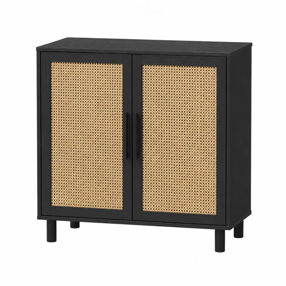 Szafka z rattanu i MDF, czarna i naturalna, 80x35x90 cm