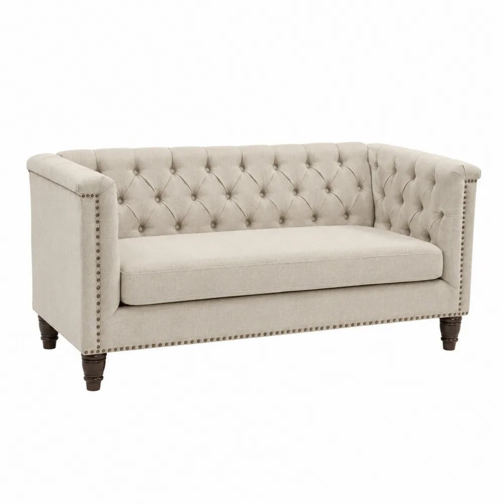 Sofa dwuosobowa Chesterfield z tkaniny poliestrowej beżowa