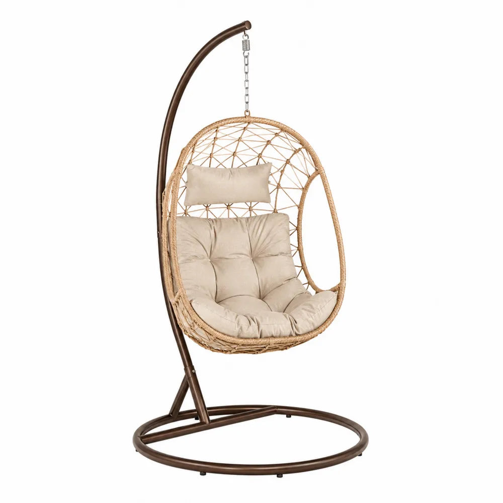 Fotel wiszący z poduszką technorattan stal beżowy 195x95x95 cm