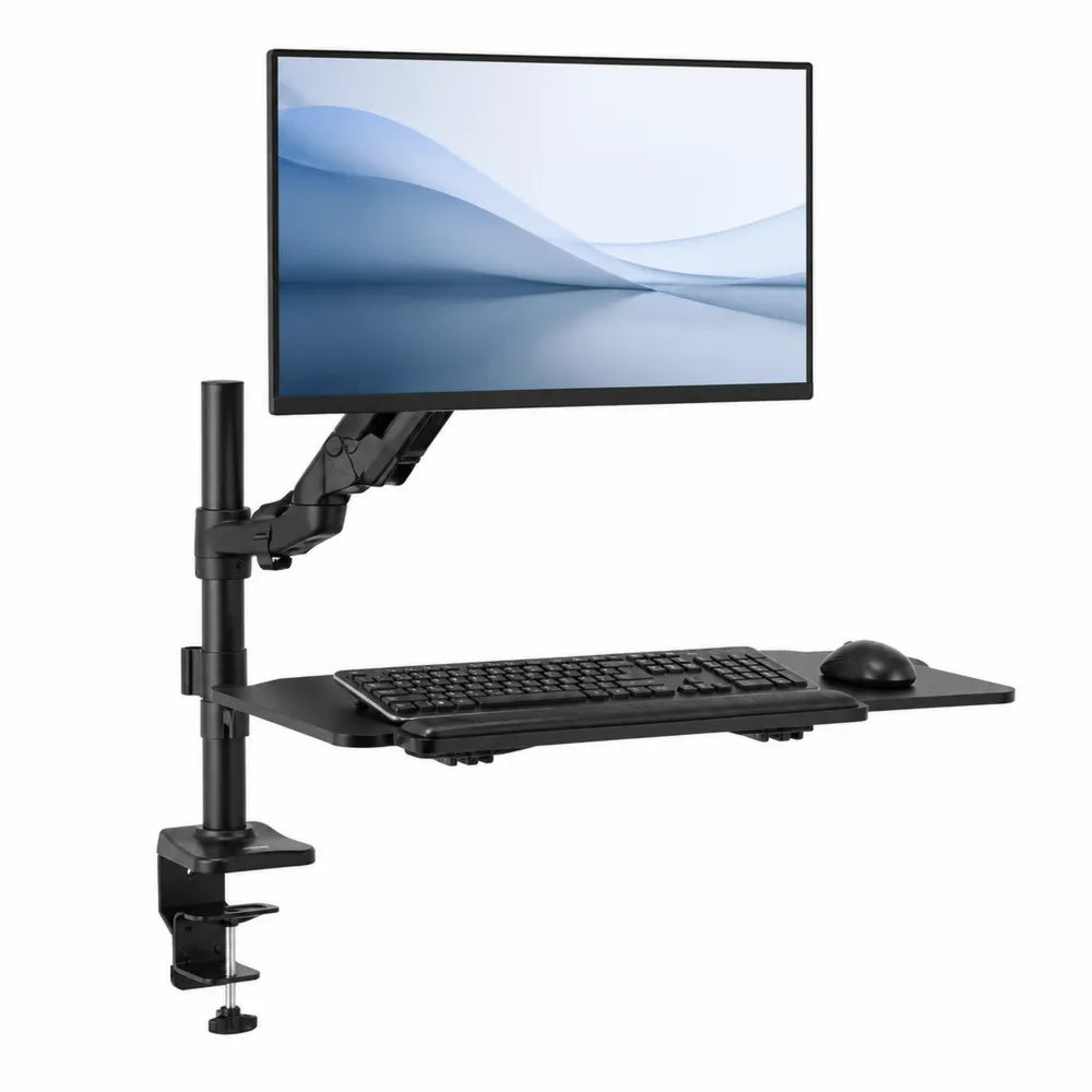 Czarny uchwyt na monitor z regulacją wysokości i półką na klawiaturę