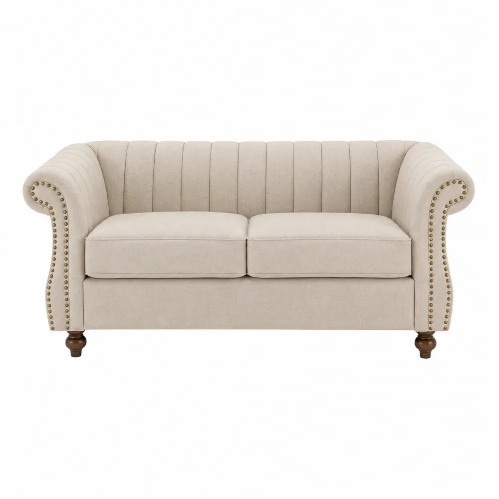 Sofa dwuosobowa z tkaniny lnianej z nitami, kolor beżowy, 150 cm