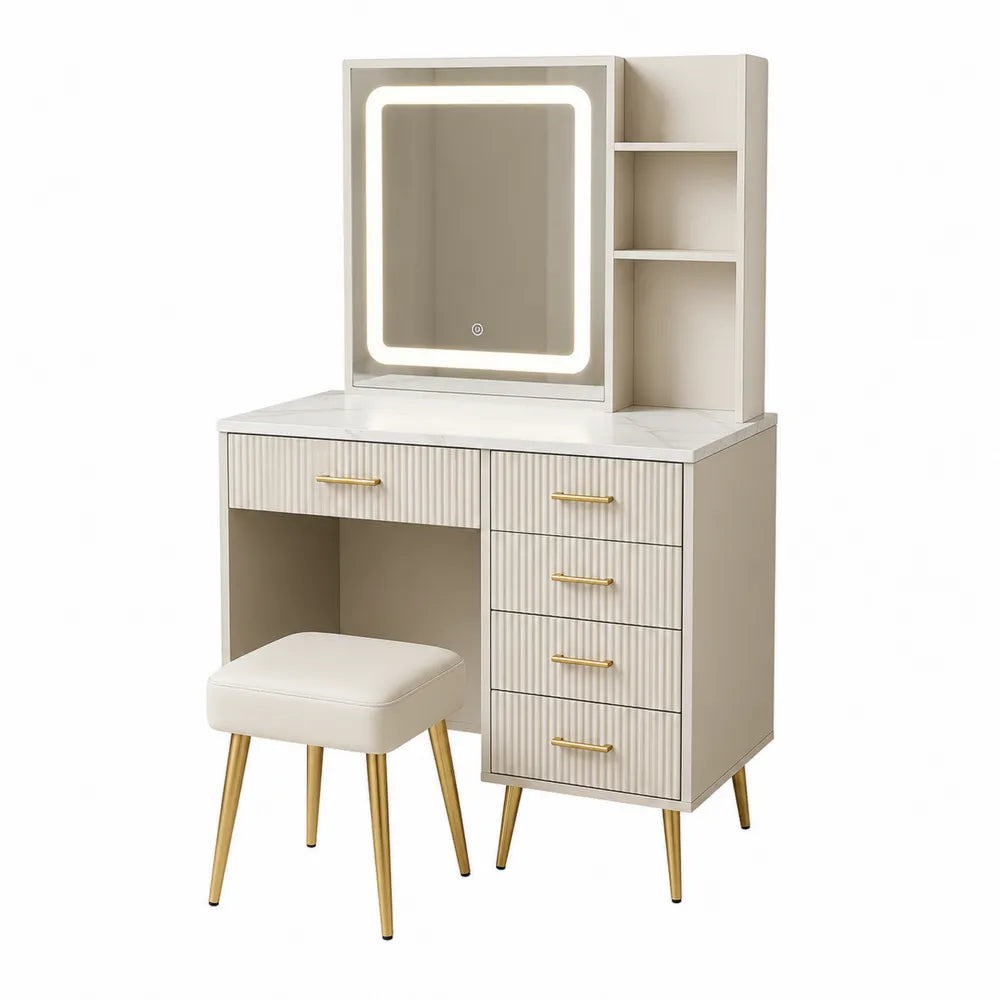 Toaletka z lustrem LED, MDF, beżowa, 5 szuflad z taboretem
